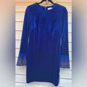 Calvin Klein blue velour longsleeved crew neck dress, silver sleeve studs, NWT,2